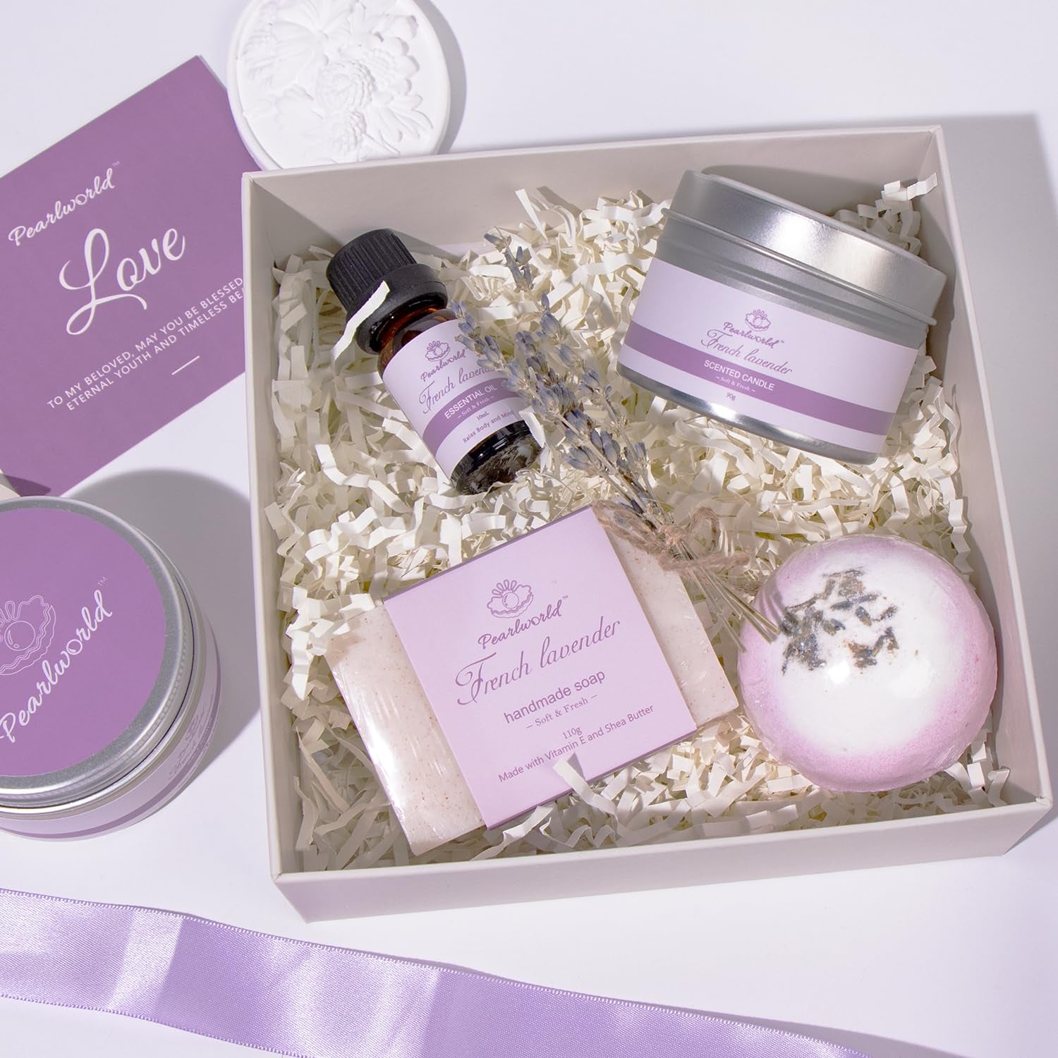 Lavender Spa Gift Set for Women, Bath Sets for Women Gift, Spa Kit for Women, Self Care and Valentines Day Gifts for Women, 7 Piece Home Spa Set