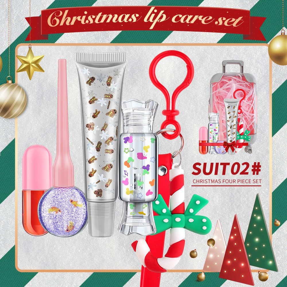 Christmas Lip Care Set Cute CANDY CANE Mini Keychain 4 Colors Trolley Case Hanging with Girls Lip Gloss