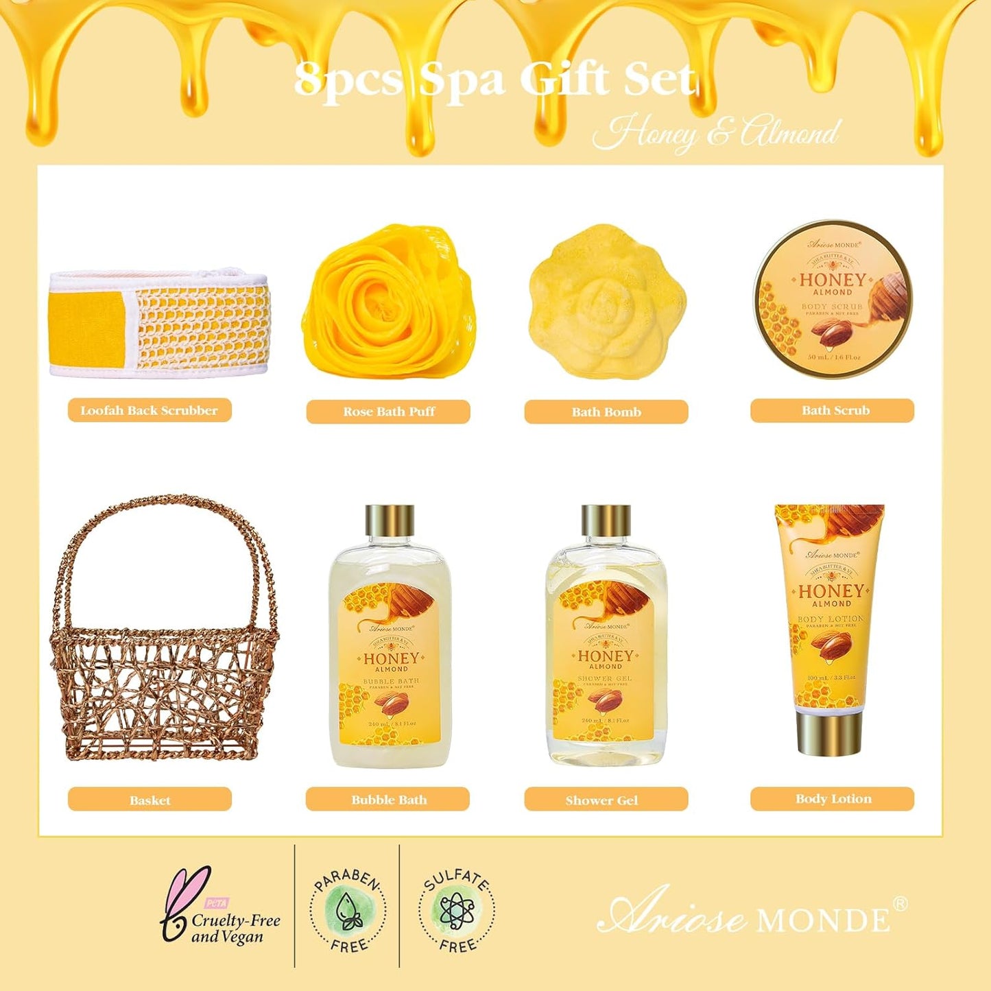 Gift Baskets for Women, Spa Gifts for Women, 8Pcs Honey Almond Bath Gift Set for Women, Relaxation Self Care Spa Kit W/Bath Bomb, Bubble Bath, Mom Birthday Gifts, Christmas Gifts Thank You Gifts