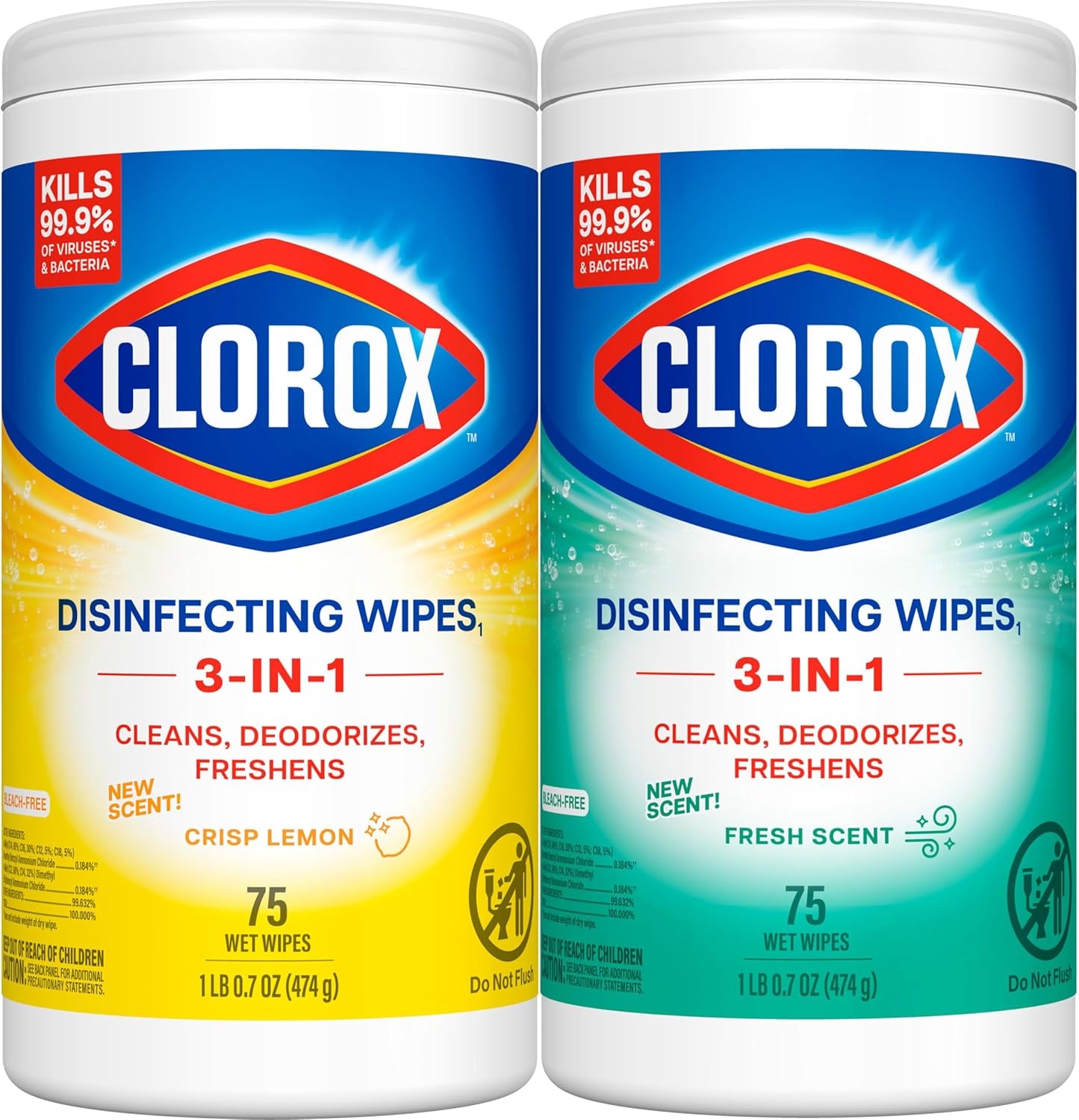 Disinfecting Wipes Value Pack, Bleach Free Cleaning Wipes, 75 Count Each, Pack of 2, Packaging May Vary